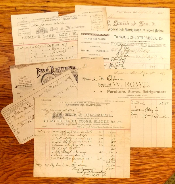 Lot (8) Hagerstown Maryland Late 1800s Billheads Receipts Stoves Lumber Food