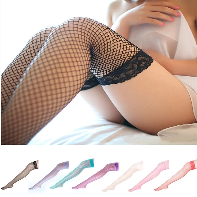 Donne Sexy Calze a Rete Trasparente Rete Nylon Collant Pizzo Top Calze Lunghe -