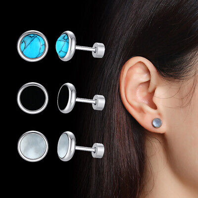 White/Black Round Cut Shell Turquoise Earrings Women's Stainless Steel Ear Studs