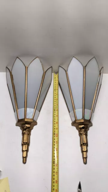 RARE Pair Antique 1920s 30s Art Deco Lights Cut Stained Glass Shade Wall Sconce