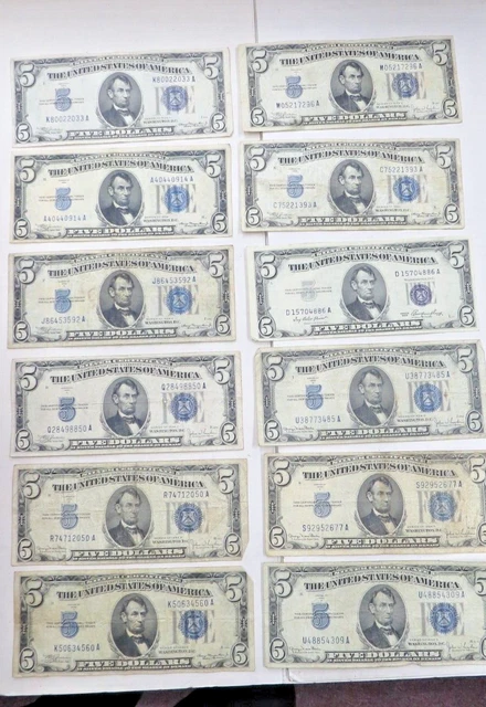 Lot of $5 Silver Certificates, 11 - 1934 &1 1953, Blue seal Five Dollar