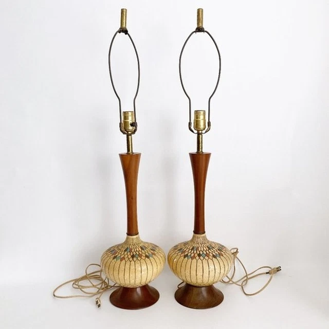 (2) Pair of 1950s Mid Century Modern Danish Teak & Ceramic Table Lamps Retro