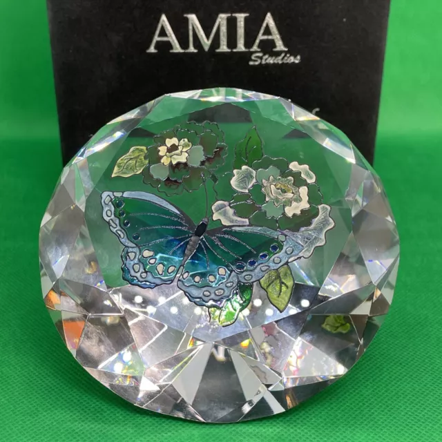 AMIA DIAMOND CRYSTAL HAND PAINTED with BUTTERFLY On Flower New With Box