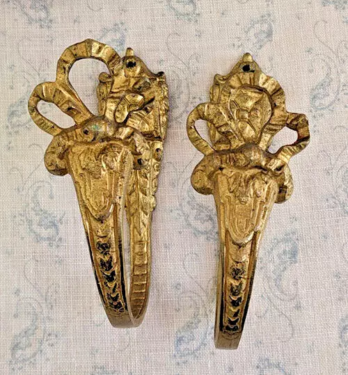 Pair Antique French Ormolu Brass  Curtain Tie / Hold Backs - Bows