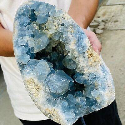 9.32LB natural blue celestite geode quartz crystal mineral specimen healing. 2
