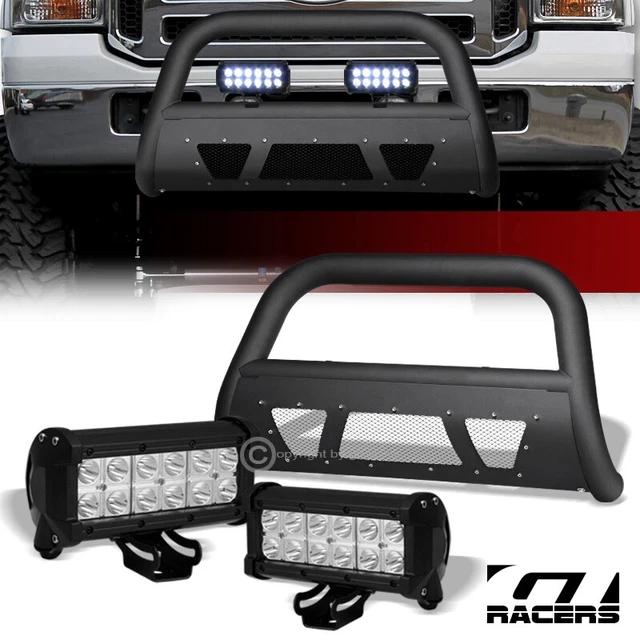 For 05-07 Ford F250/F350 Matte Blk Studded Mesh Bull Bar+36W CREE LED Fog Lights