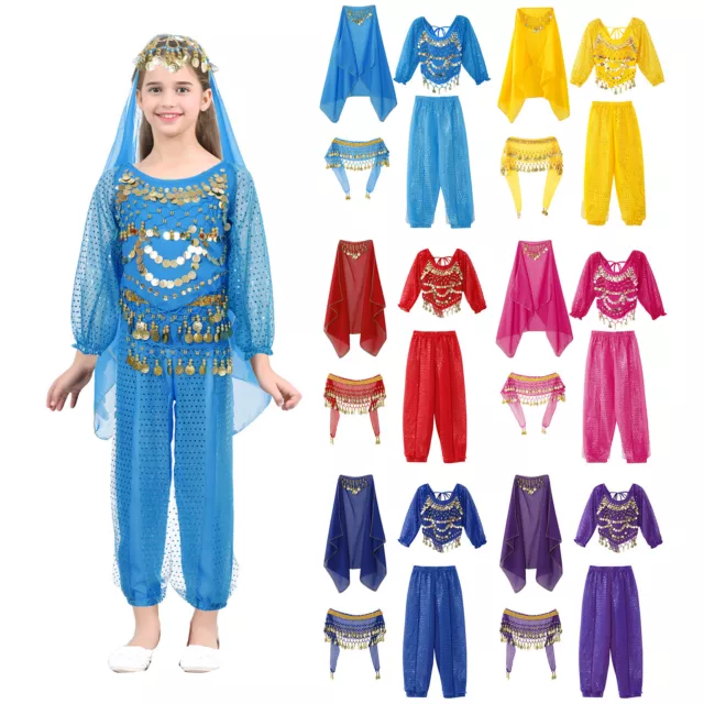 Kids Girls Costume Dancing Outfits Shiny Dancewear Arabian Princess Crop Top