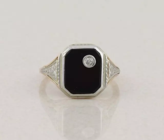 10k Yellow Gold and White Gold Onyx & Diamond Ring Antique Art Deco Size 7 1/2