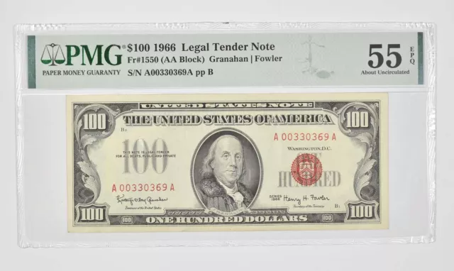 $100 1966 US Legal Tender Note Red Seal PMG 55 EPQ Fr# 1550 (AA Block) *0977