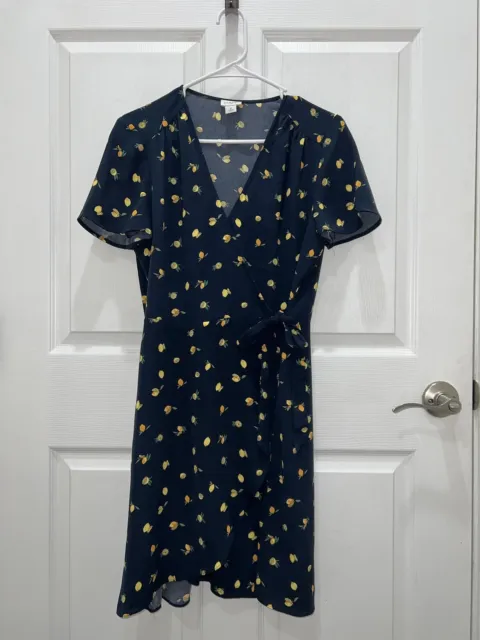 J Crew Wrap Dress Size 8 Navy Blue Lemon Print Knee Length Short Sleeve