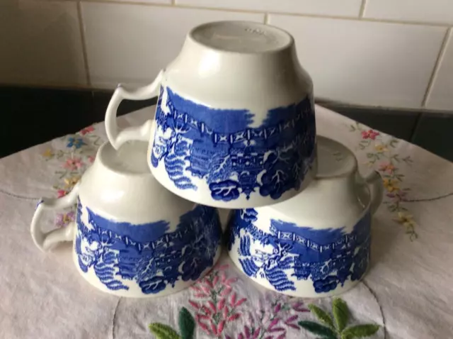 3 Antique Retro Blue Willow China Woods Ware Made In England Tea Cups