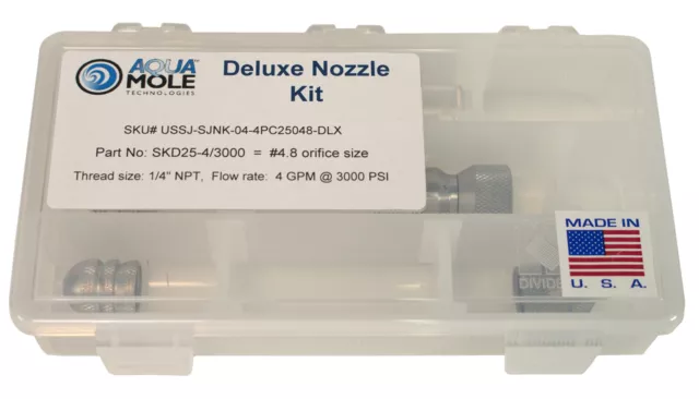 Aqua Mole 4pc Sewer Squad Deluxe Jetter Nozzle Kit 1/4" NPT 3000 PSI 4.8 Orifice