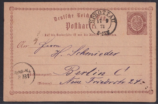 65012) SPROTTAU Schlesien nachverwendeter Stempel 1874 auf Postkarte