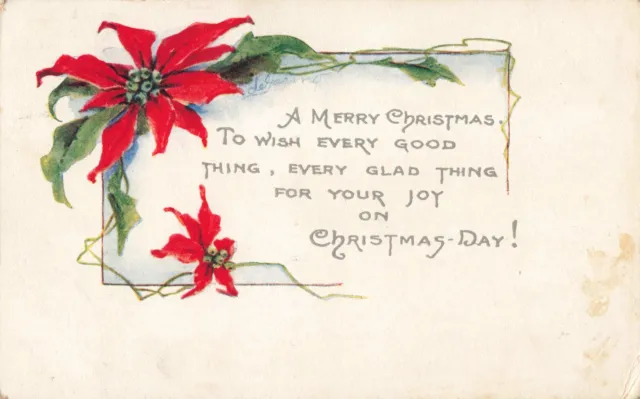Merry Christmas Wishes, Joy & Gladness, Poinsettia Flowers, Vintage Postcard
