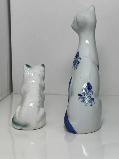 Two Vintage Ceramic Cats White With Blue Trim Nice 2