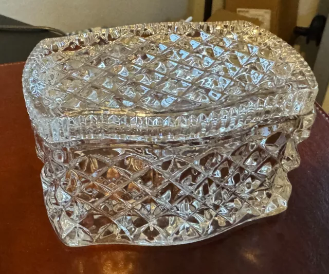 Vintage Diamond Cut Glass Trinket Box Rectangle Lidded 4 3/4" curved edge