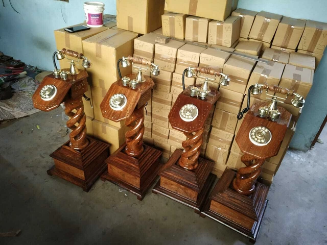 Antique Brass Victorian Rotary Dial Telephone Maharaja Wooden Phone set of 4