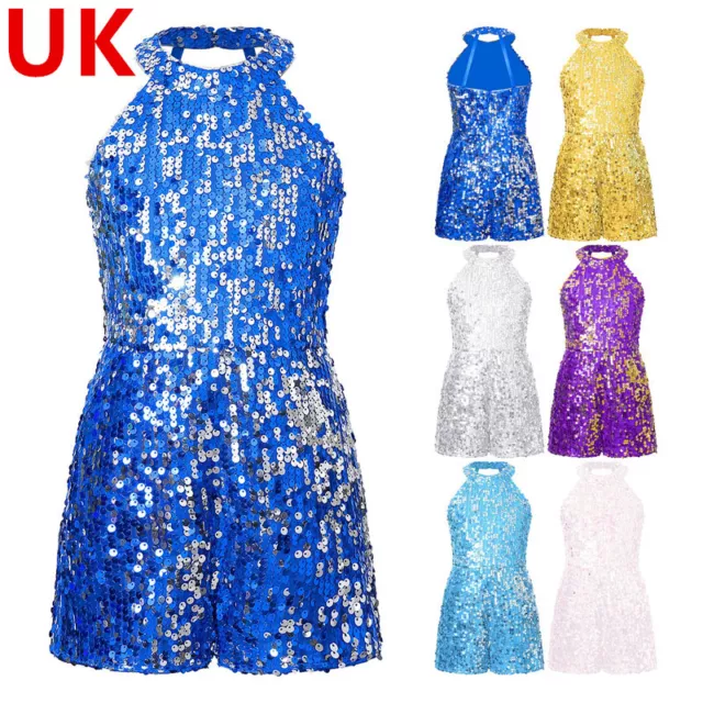 UK Kids Girls Sleeveless Halter Neck Sequins Jumpsuit Wide Leg Romper for Dance