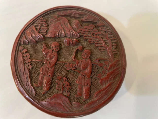 Vintage Red Chinese Cinnabar Red Lacquer Carved Trinket Jewelry Box Round 3x1.5”