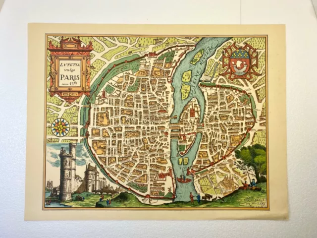Vintage Map of Paris France Lutetia Vulgo Anno 1575 Reprint