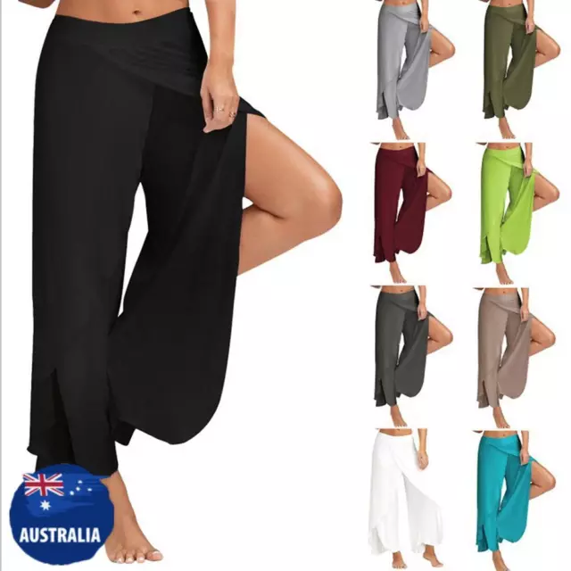 Women Harem Palazzo Yoga Split Pants Ladies High Waist Loose Wide Leg Trousers