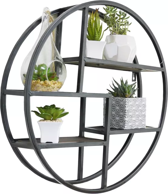 Iron Circle Floating Shelf - 18" 4-Tier Round Wall Decor Shelving in Black