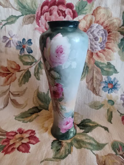 Antique Pl Limoges France Hand Painted Pink Roses Floral Tall Skinny Vase 2