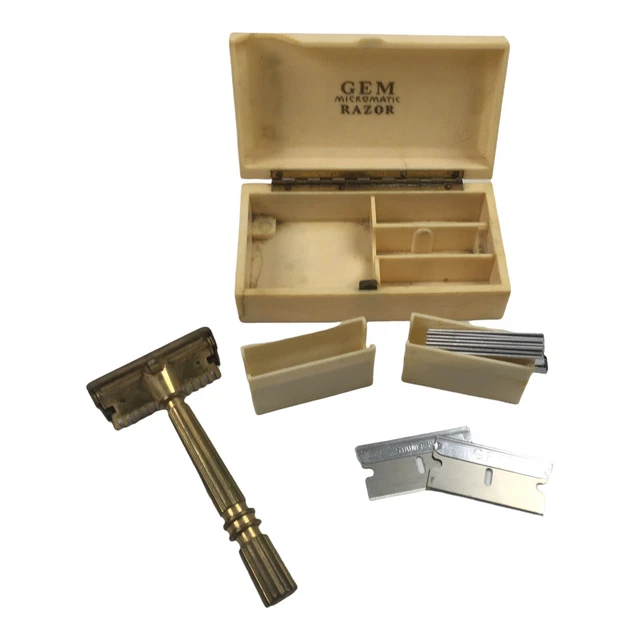 Gem Micromatic Razor Brass Single Blade Travel Case 10 Blades 1930's Vintage