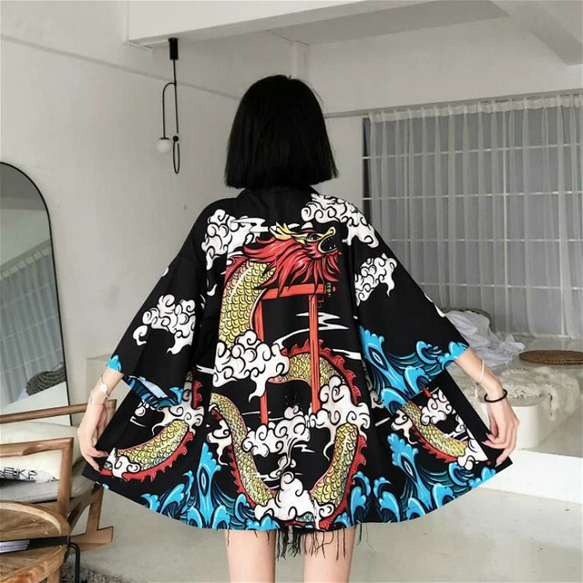 Ladies Japanese Kimono Cardigan Loose Dragon Harajuku Coat Yukata Bathrobe Top