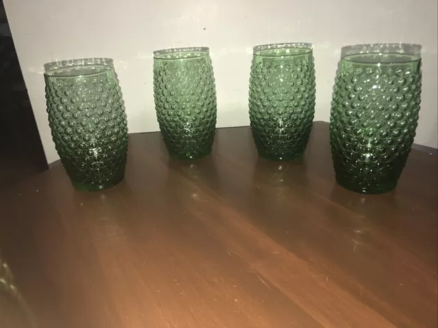 ANCHOR HOCKING Green Hobnail Tumbler Drinking Glasses Set of 4- 10 Oz 4.5” Tall