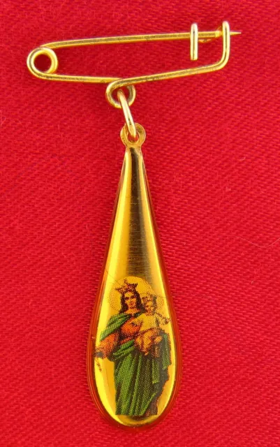 Vintage MARY & JESUS Medal On Small Pin Teardrop Acrylic Yellow Goldtone Pin