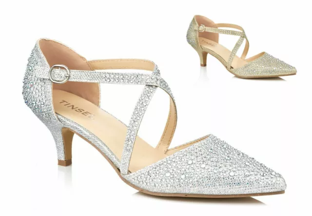 Ladies Diamante Glitter Mid Kitten Heel Strappy Evening Party Shoes Sizes 3-8