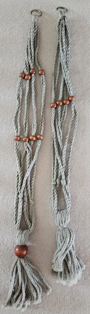 2 Vintage Boho Chic Wood Beaded Macrame Jute Tasseled Plant Hangers 45” & 48”