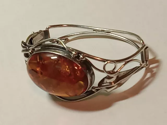 Vintage Art Nouveau Baltic Amber Sterling Silver Hinged Cuff Bracelet SEE Pics