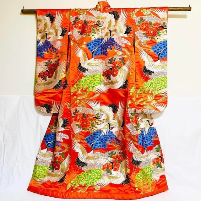 Uchikake Dress Japanese Kimono Robe Flying Crane Embroidered  Orange Red Gold