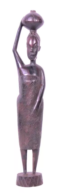 African Tribal Art Statue Woman Ebony Wood Carved Figurine Sculpture 14 In. BOHO
