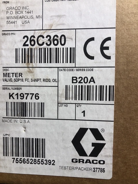 Graco 26C360 Meter Valve SDP18 3/4NDP. New In Box