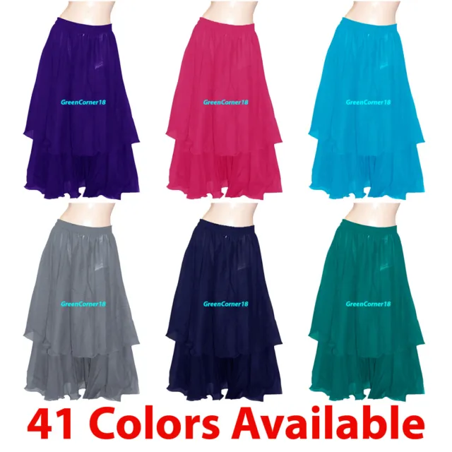 2 Layer Skirts Chiffon Gypsy Double Full Circle Belly Dance Tribal Costume Half