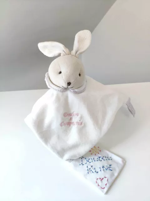 Doudou Plat Carré Lapin Blanc Beige Rose Col - Doudou Et Compagnie