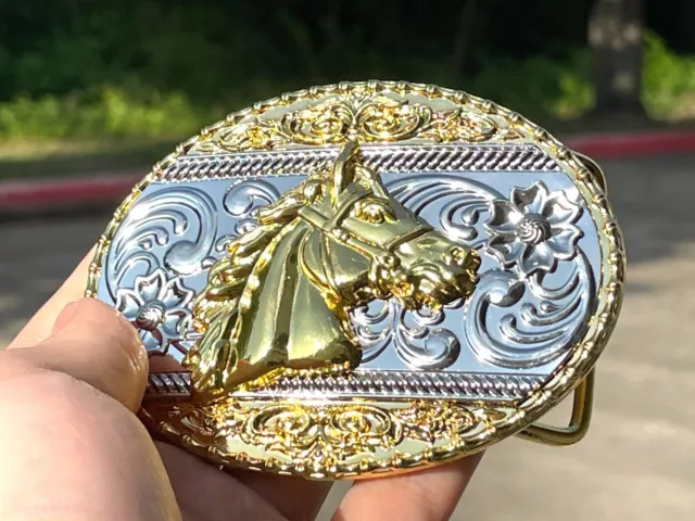 Western Gold Silver Buckle Rodeo Cowboy Horse Head Buckle 2'' Caballo Hebilla TX
