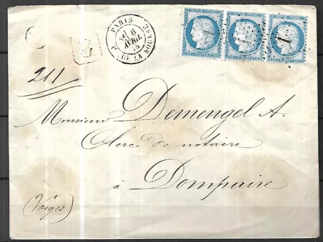 FRANCE  1875    bande du 60 sur lettre chargé de Paris pour Dompaire ( Vosges )