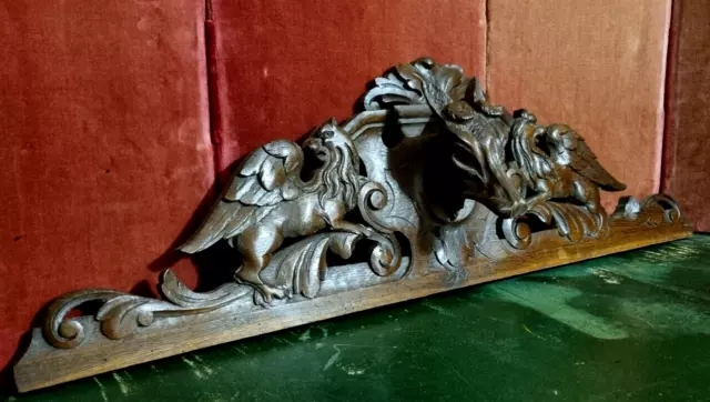 Hunting griffin carving door pediment - French antique architectural salvage