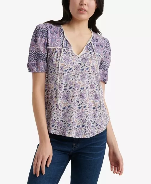 Lucky Brand Women's Printed Short Sleeve Henley Top Purple Size X-Small