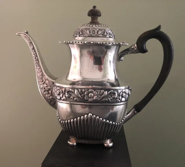 Portugal- Sterling Silver Tea/Coffee Pot Gadroon Border Ebony Handle Finial
