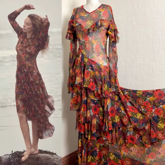$498 Dôen Alouette asymmetric ruffled floral-print silk-georgette midi dress XXS