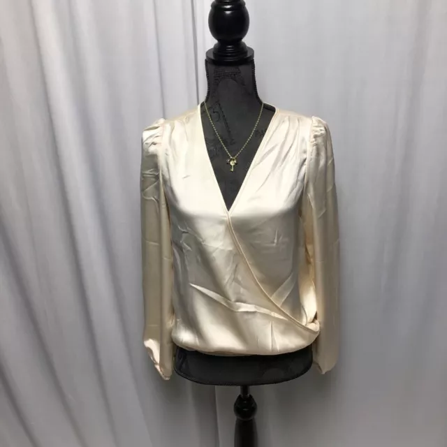 Sincerely Jules Satin Top Womens Small Ivory Shiney Faux Wrap Blouse NEW