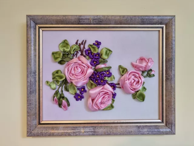 MEDIUM HANDMADE - Roses - 3D silk ribbon embroidery - art - picture