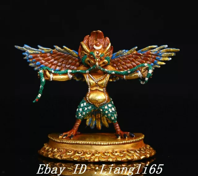 Nepal Lila Bronze Gilt Malerei Redpoll Winged Garuda Vogel Adler Buddha Statue