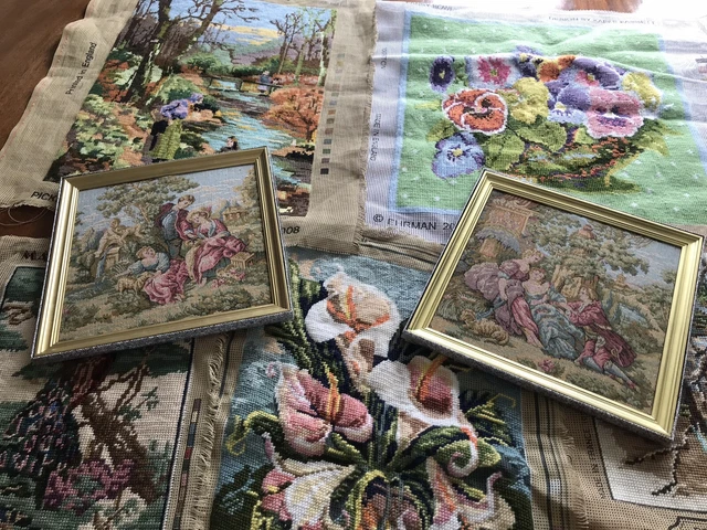 Lote de trabajo vintage/moderno completado/tapiz hecho parte + 2 tapices enmarcados