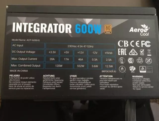 Aerocool Integrator 600W 80 Plus Bronze Power Supply Unit with UK 3 Pin Power